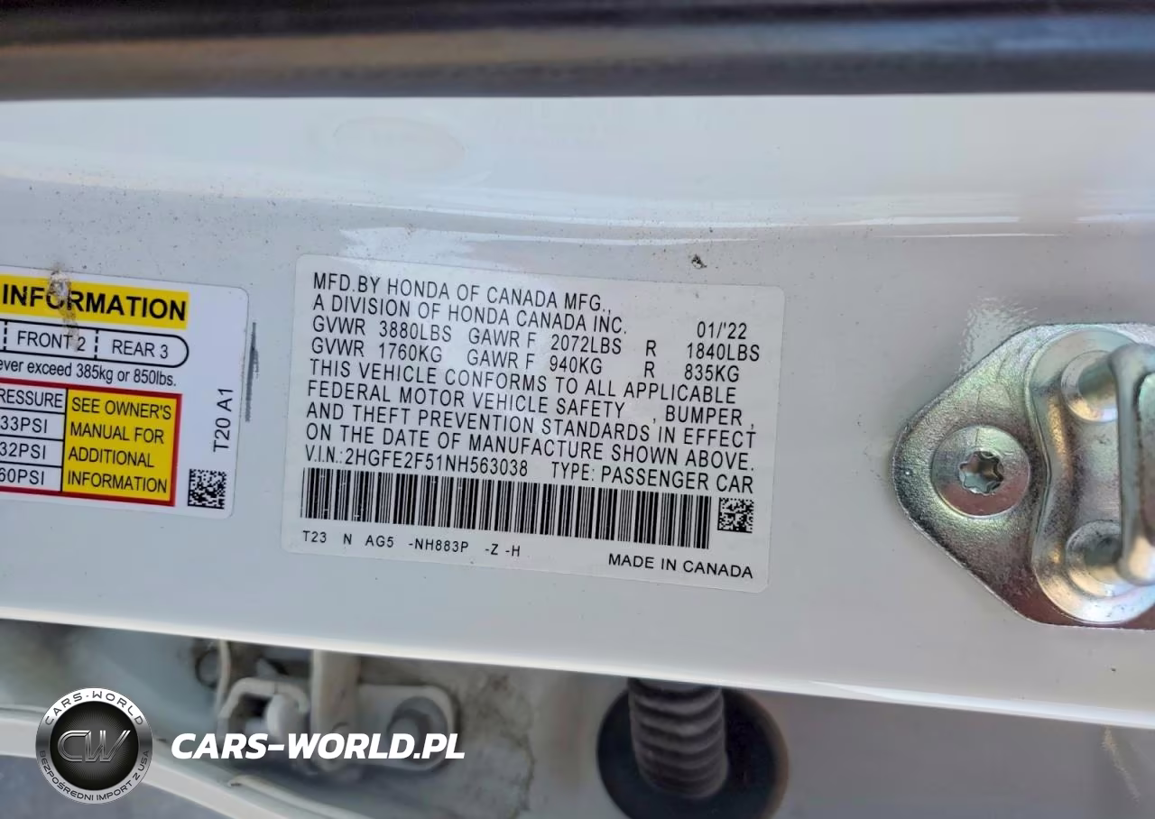2022 Honda Civic Sport VIN:2HGFE2F51NH563038 - 12