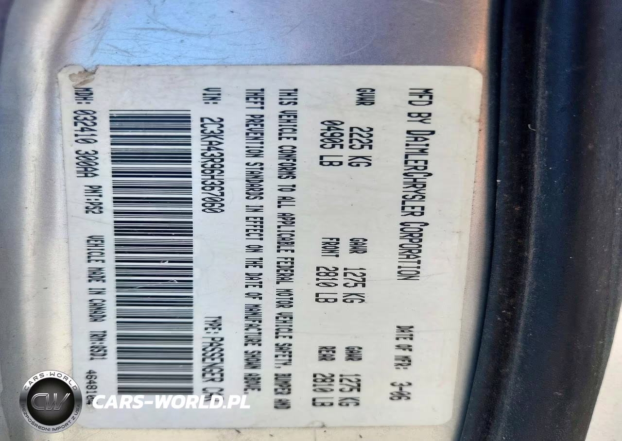 2006 Chrysler 300 VIN:2C3KA43R96H367060 - 12