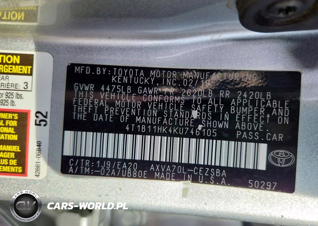 2019 Toyota Camry Se VIN:4T1B11HK4KU746105 - 12