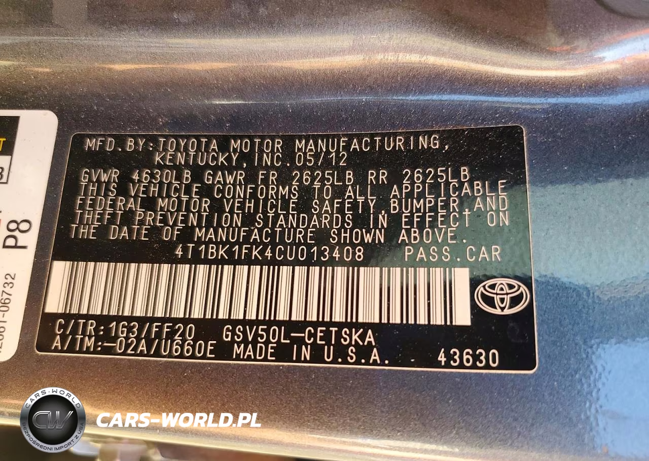 2012 Toyota Camry Se V6 VIN:4T1BK1FK4CU013408 - 12