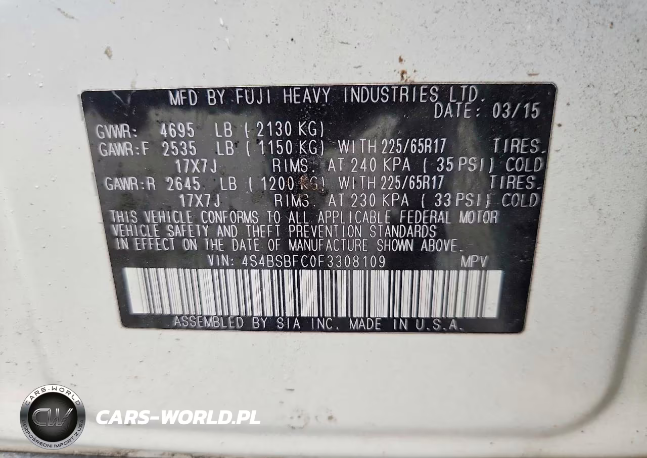 2015 Subaru Outback 2.5I Premium VIN:4S4BSBFC0F3308109 - 13