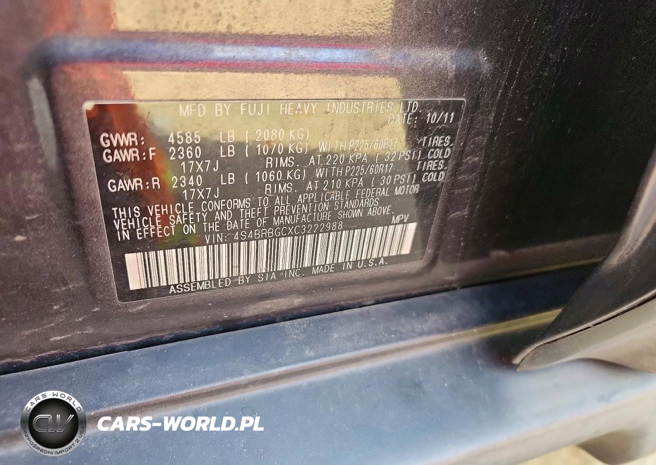 2012 Subaru Outback 2.5I Premium VIN:4S4BRBGCXC3222988 - 12