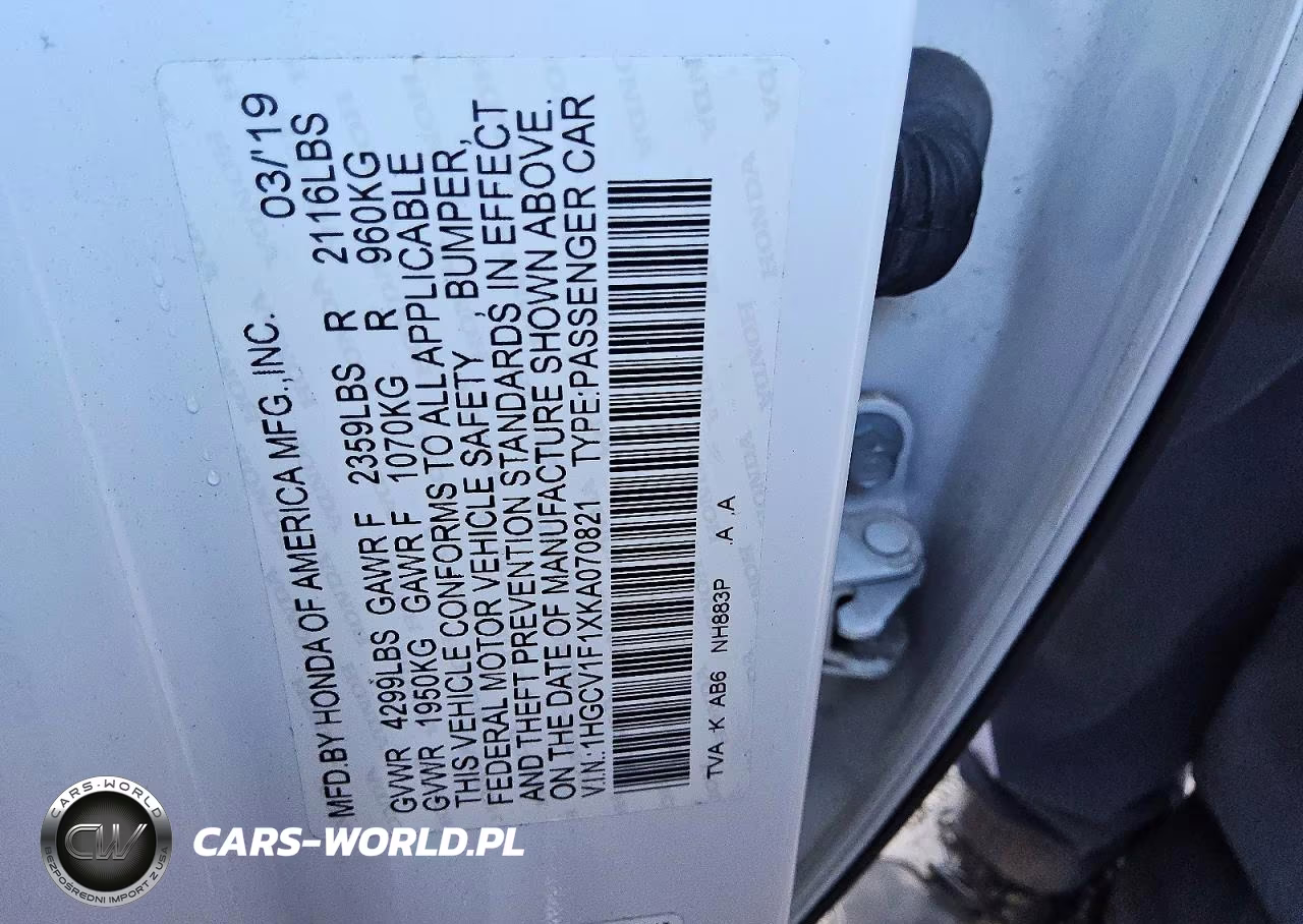 2019 Honda Accord Lx VIN:1HGCV1F1XKA070821 - 5