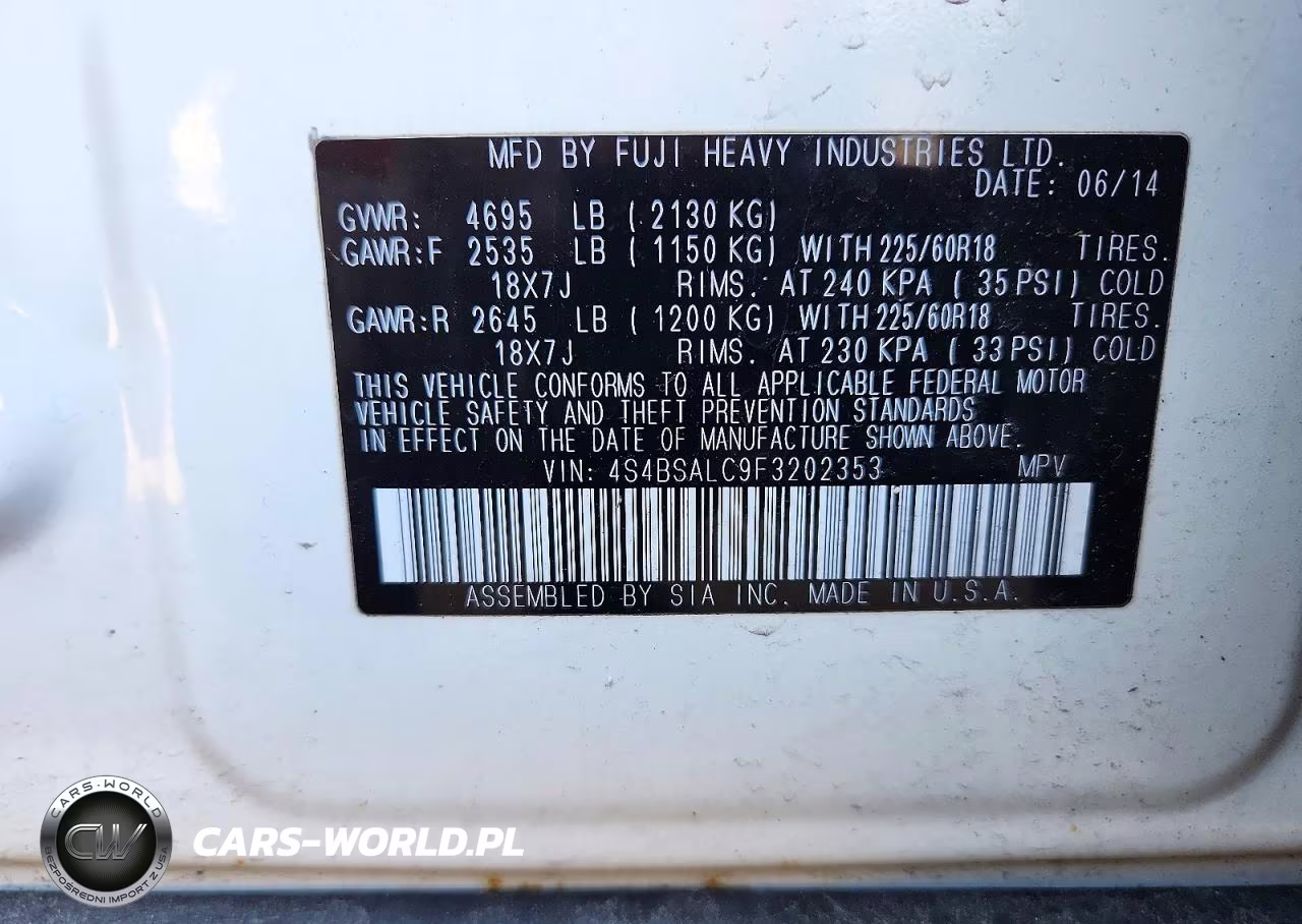 2015 Subaru Outback 2.5I Limited VIN:4S4BSALC9F3202353 - 13
