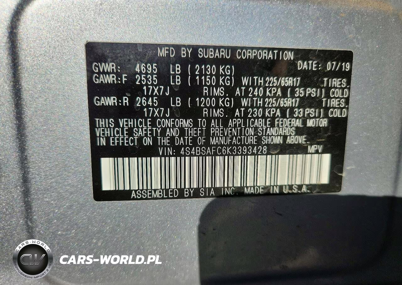 2019 Subaru Outback 2.5I Premium VIN:4S4BSAFC6K3393428 - 13