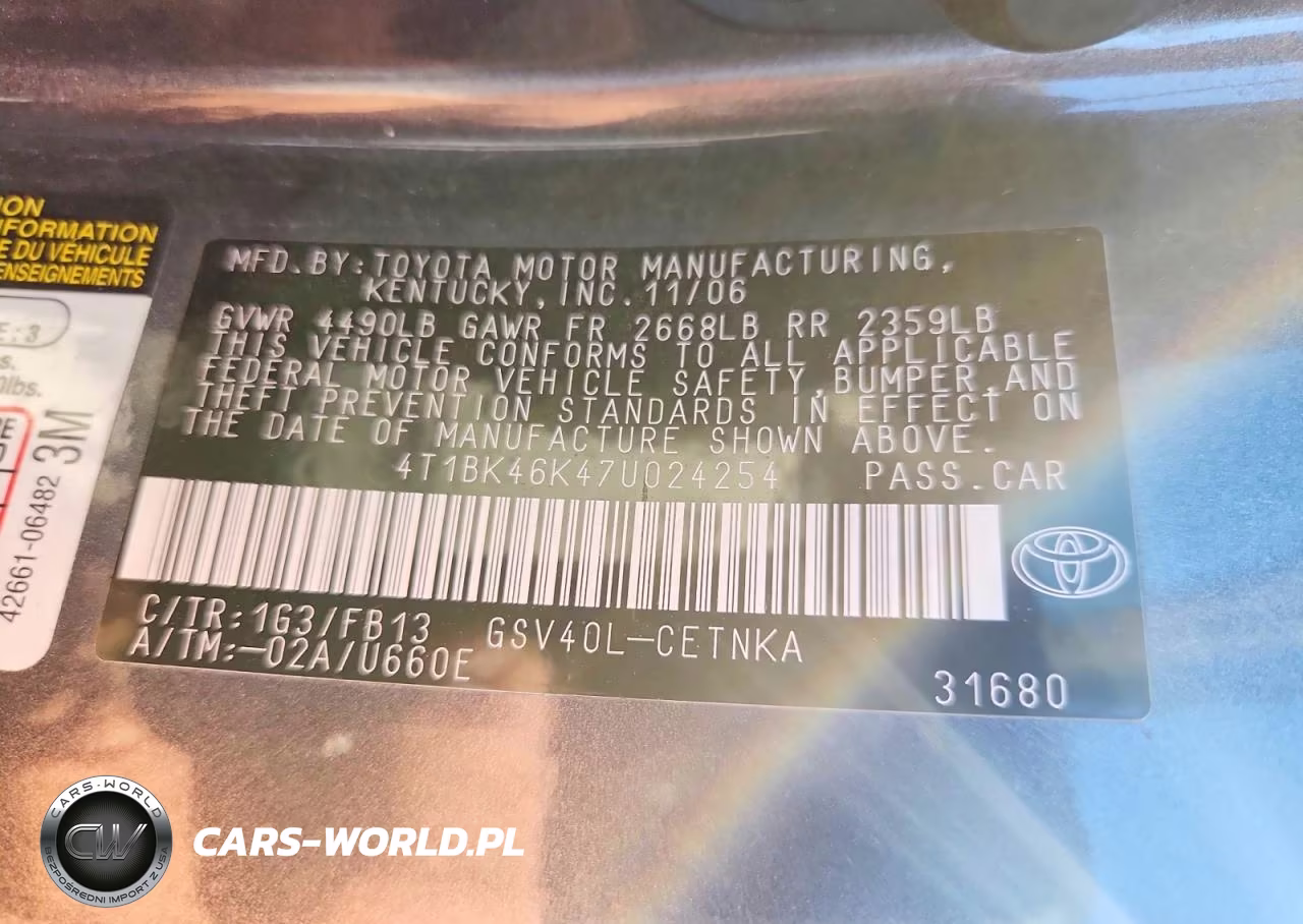 2007 Toyota Camry Le V6 VIN:4T1BK46K47U024254 - 12