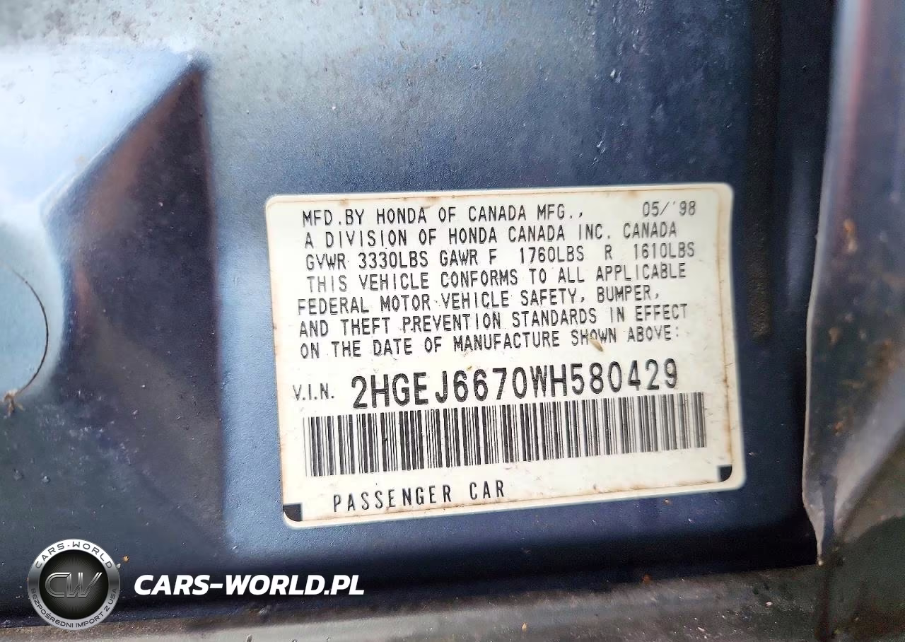 1998 Honda Civic Lx VIN:2HGEJ6670WH580429 - 12