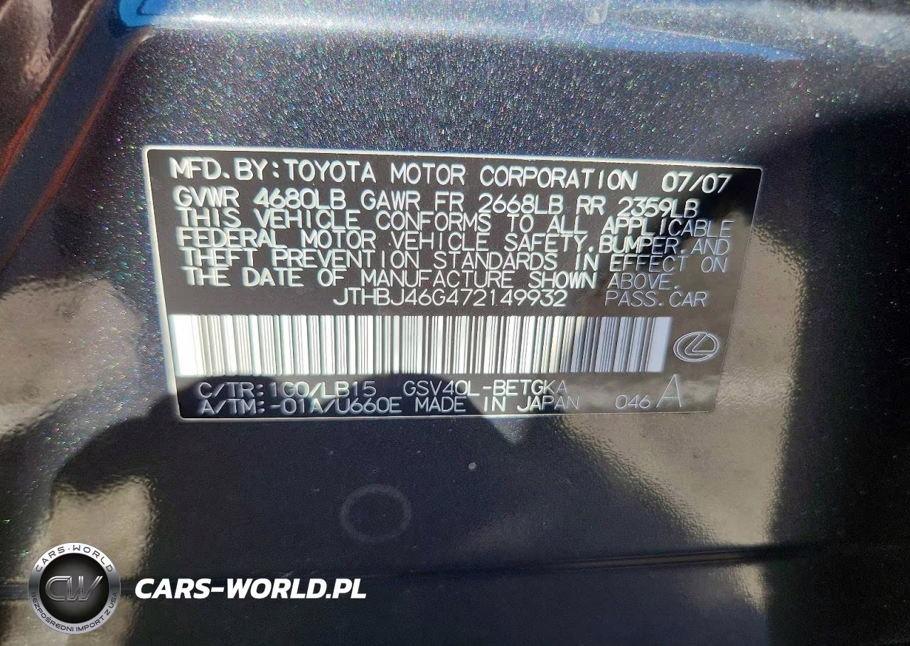 2007 Lexus Es 350 VIN:JTHBJ46G472149932 - 12