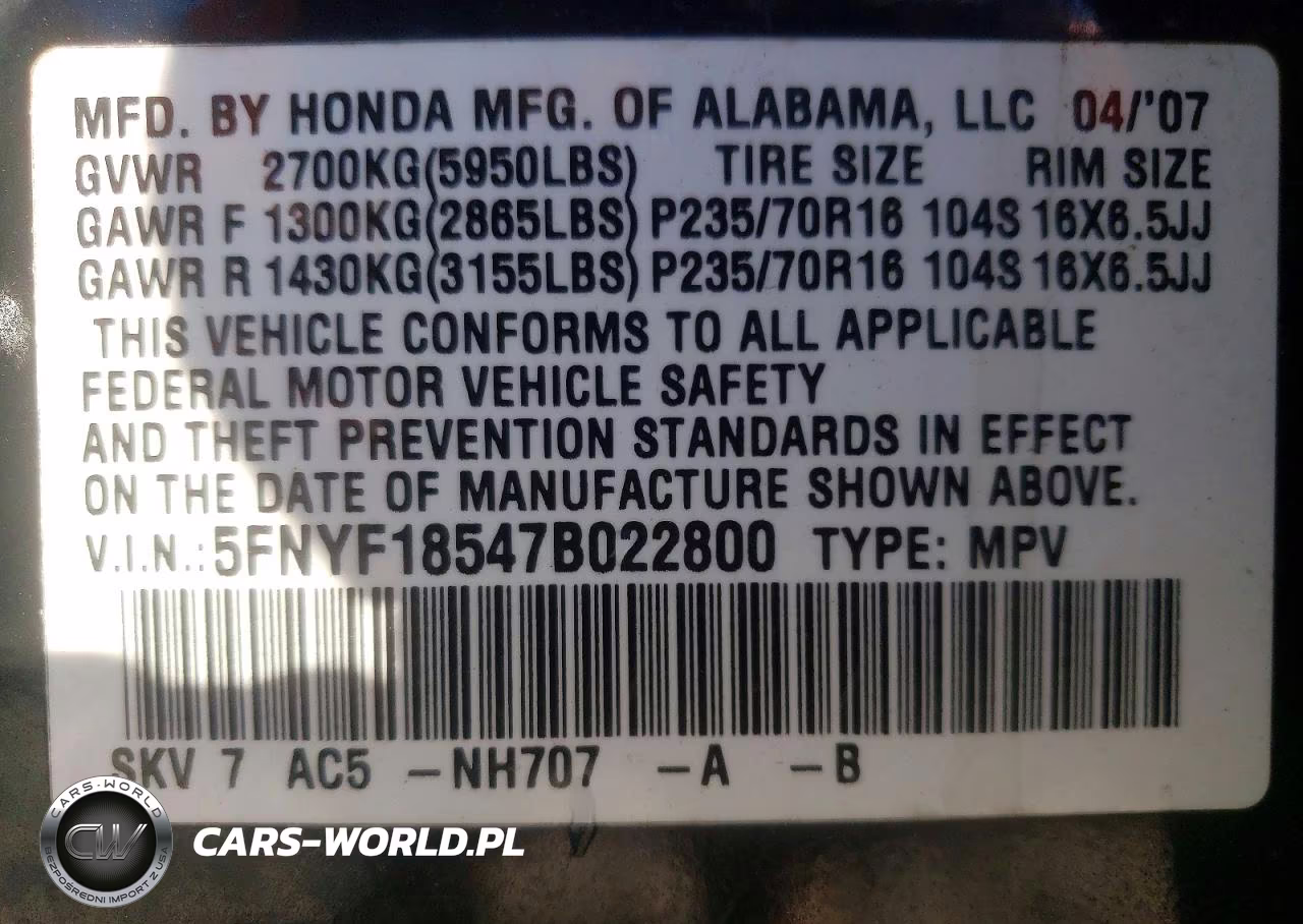 2007 Honda Pilot Exl VIN:5FNYF18547B022800 - 13