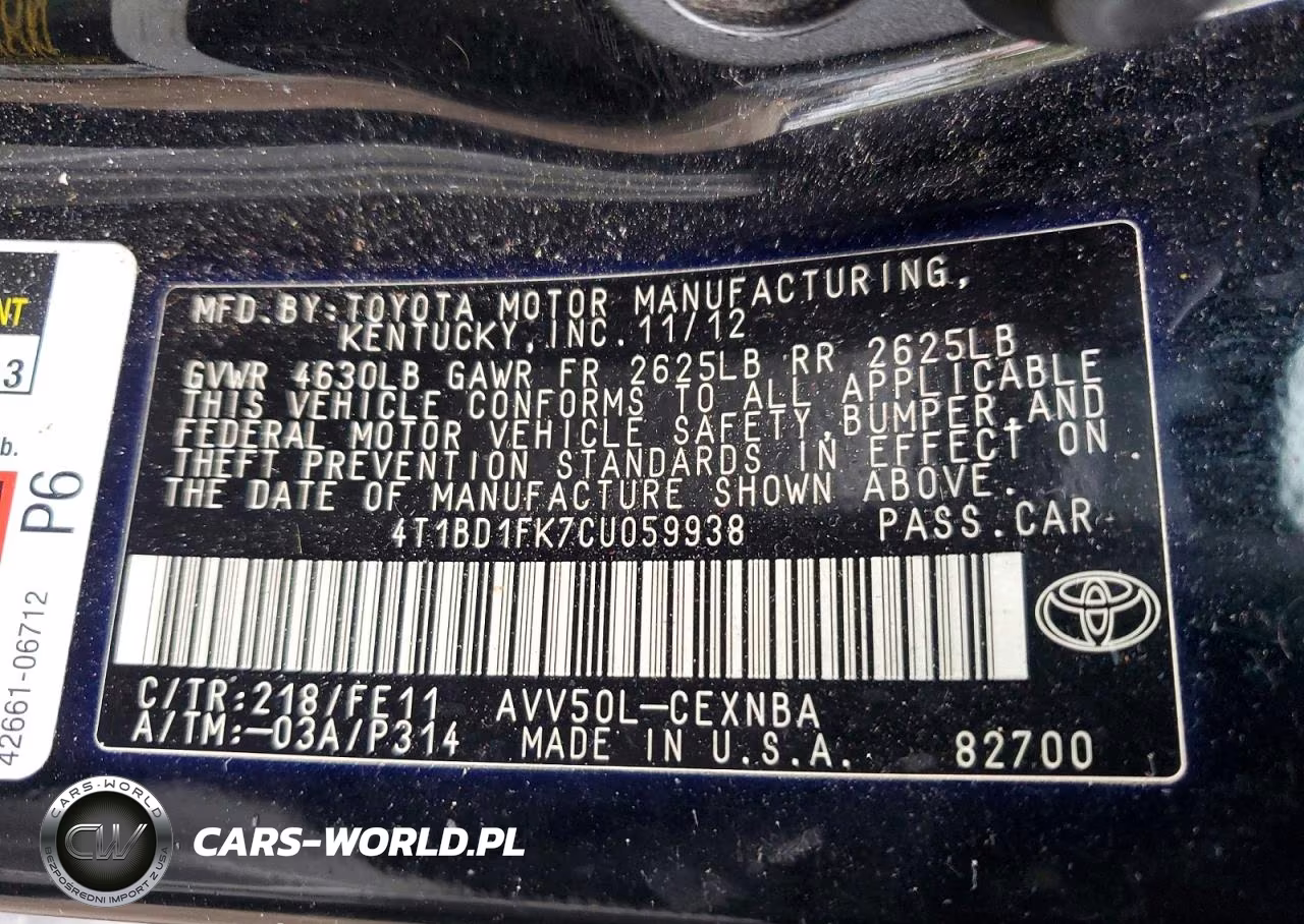 2012 Toyota Camry Hybrid Le VIN:4T1BD1FK7CU059938 - 12