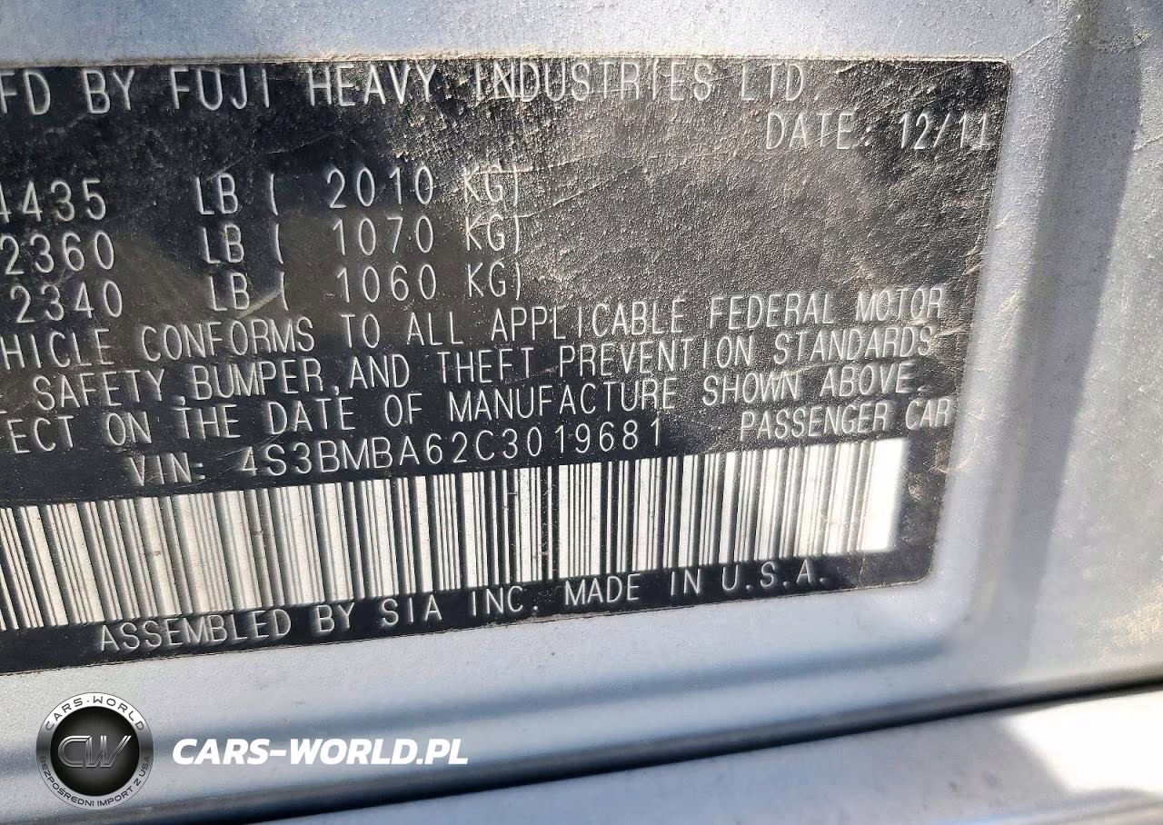 2012 Subaru Legacy 2.5I VIN:4S3BMBA62C3019681 - 12