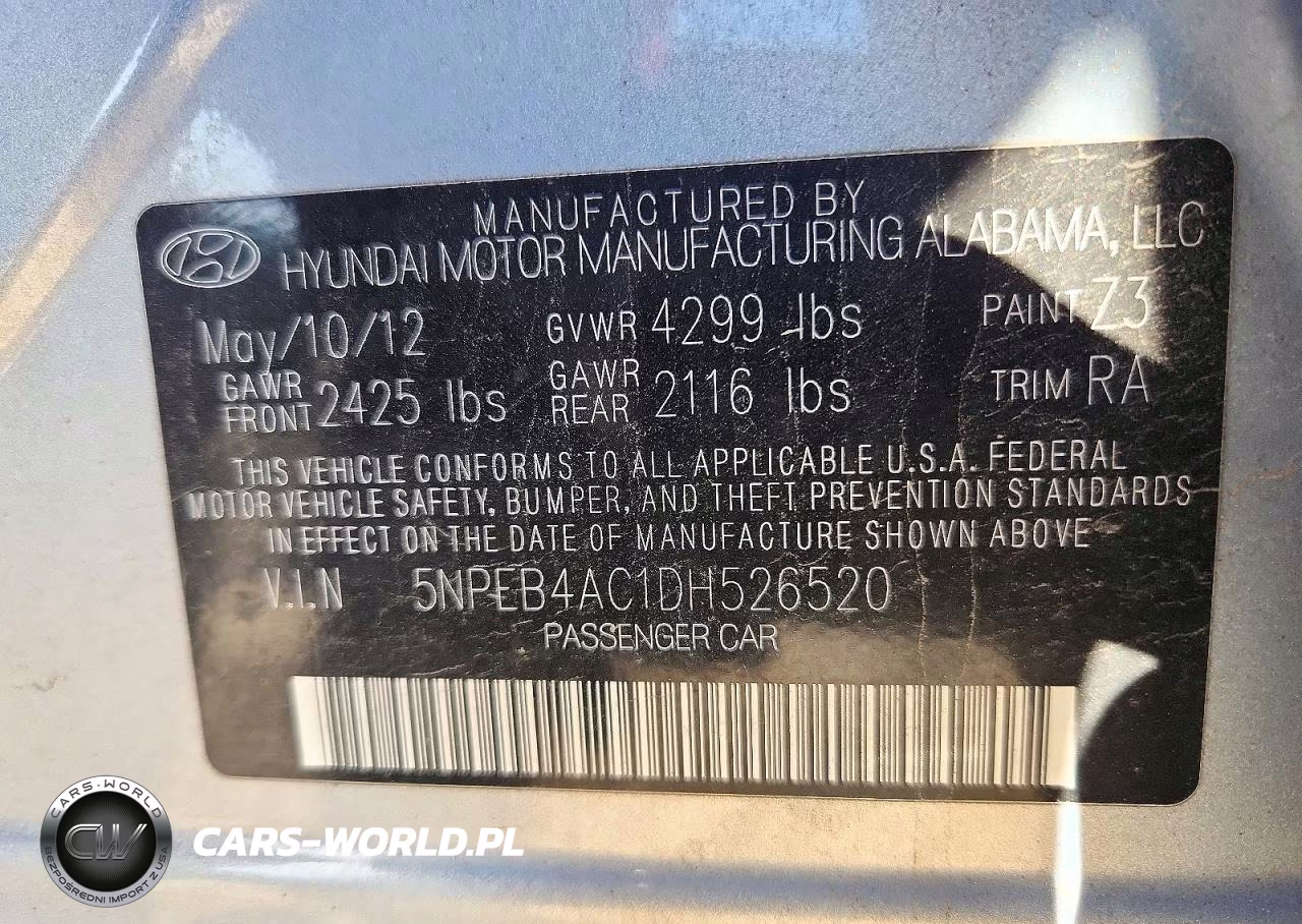 2013 HYUNDAI SONATA GLS VIN:5NPEB4AC1DH526520 - 12