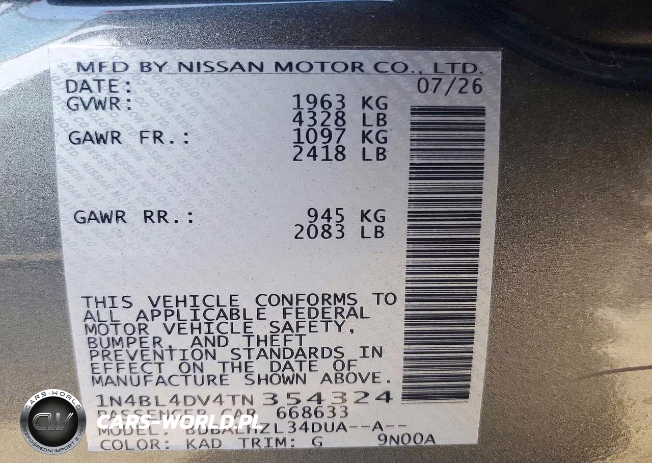 2026 Nissan Altima Sv VIN:1N4BL4DV4TN354324 - 12