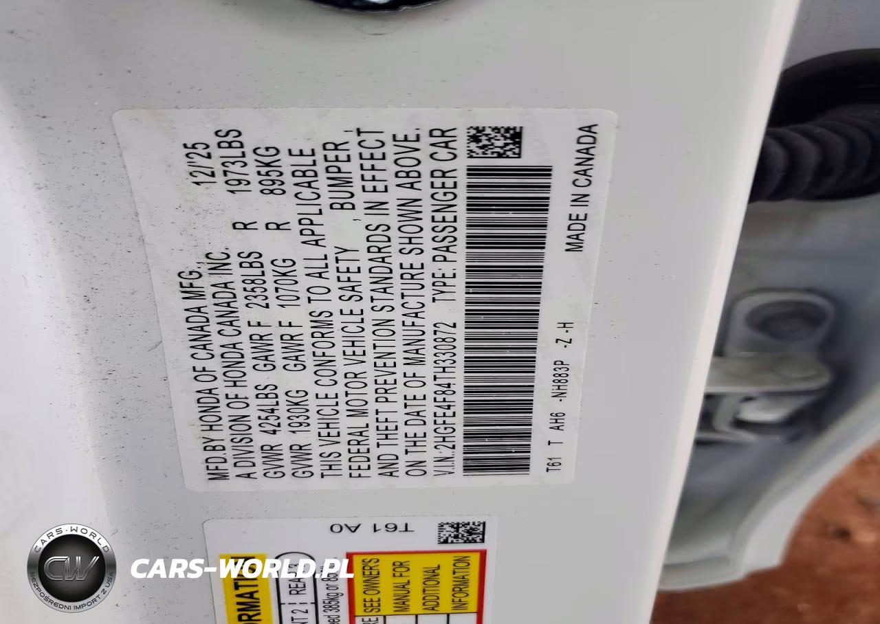 2026 Honda Civic Sport VIN:2HGFE4F84TH330872 - 12