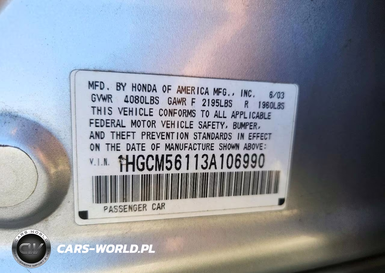 2003 Honda Accord Dx VIN:1HGCM56113A106990 - 12