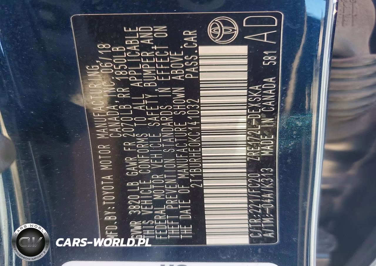 2019 Toyota Corolla Se VIN:2T1BURHE0KC141032 - 12