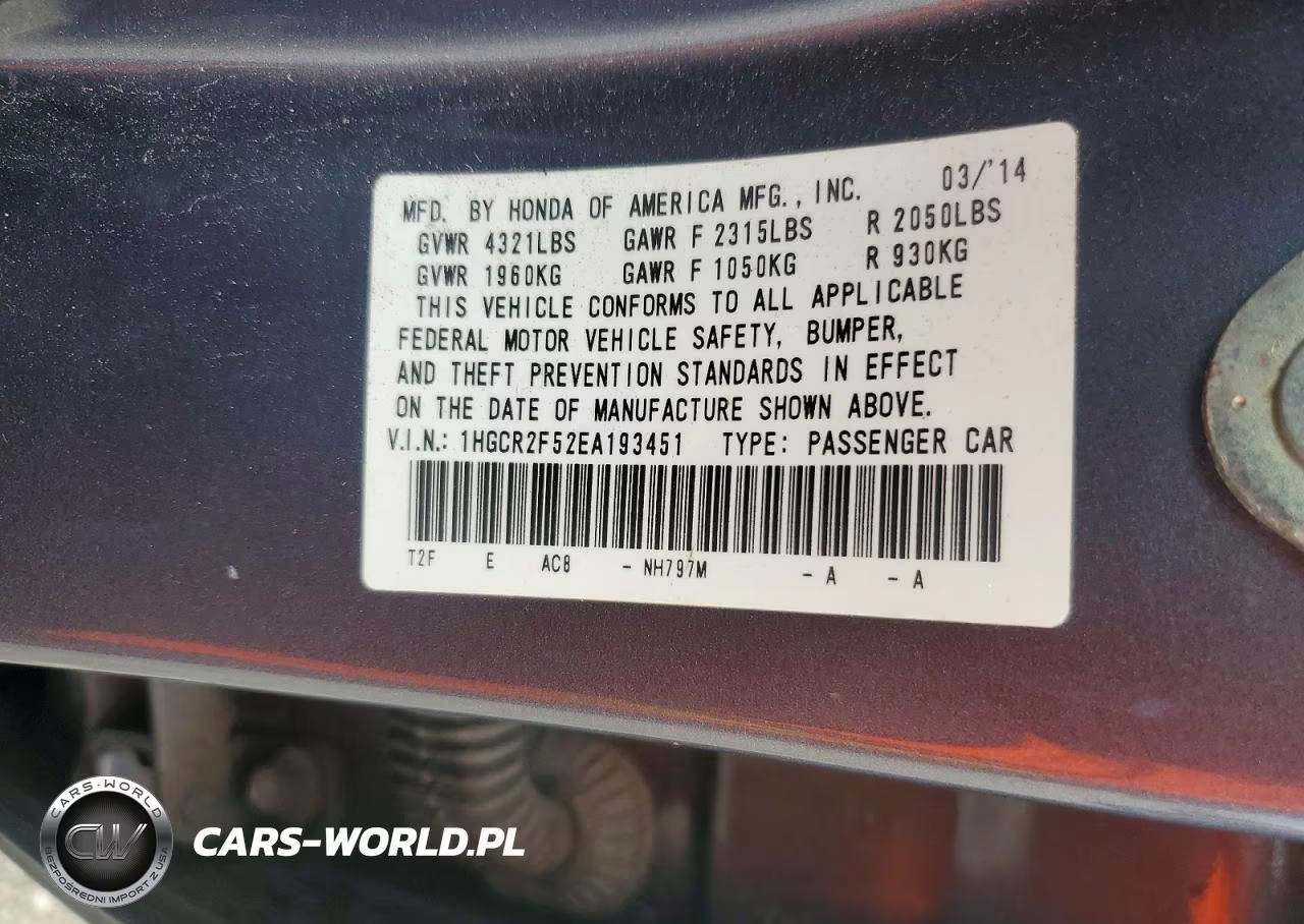 2014 Honda Accord Sport VIN:1HGCR2F52EA193451 - 12