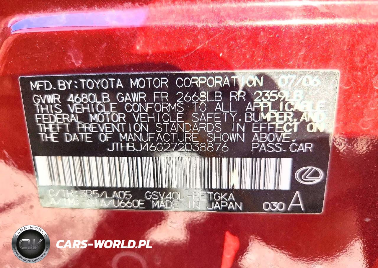 2007 Lexus Es 350 VIN:JTHBJ46G272038876 - 12