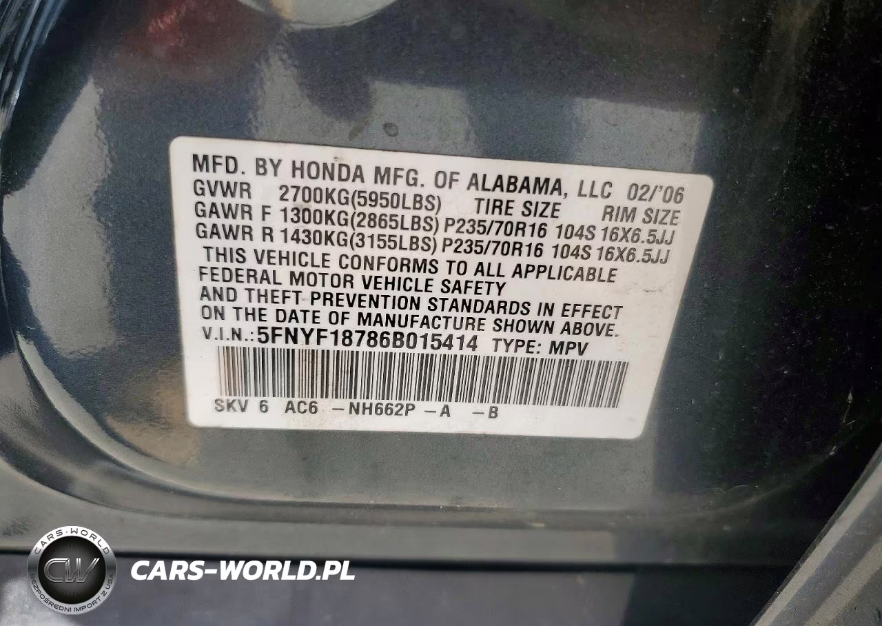 2006 Honda Pilot Ex VIN:5FNYF18786B015414 - 13