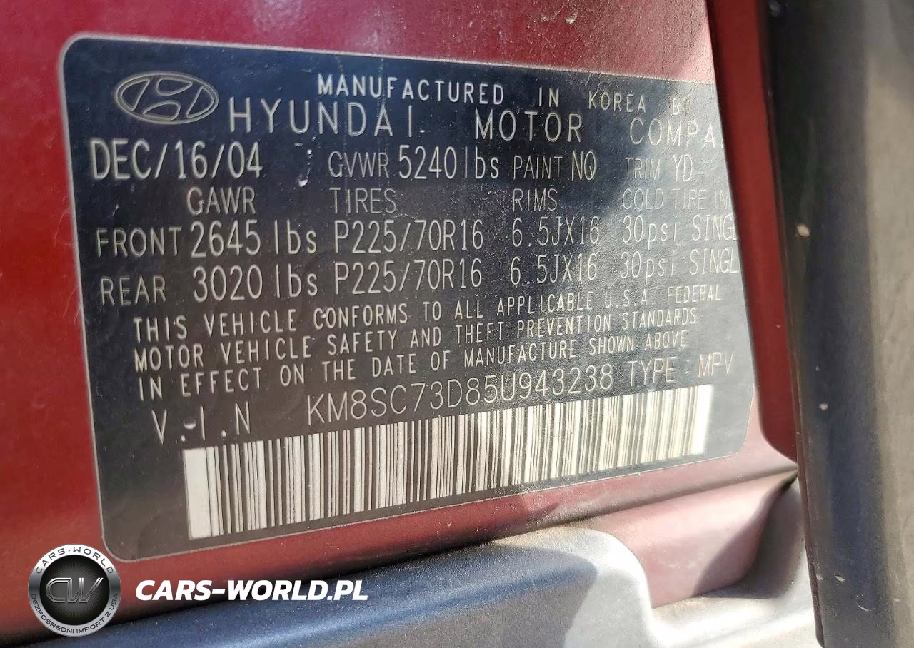 2005 Hyundai Santa Fe Gls VIN:KM8SC73D85U943238 - 13