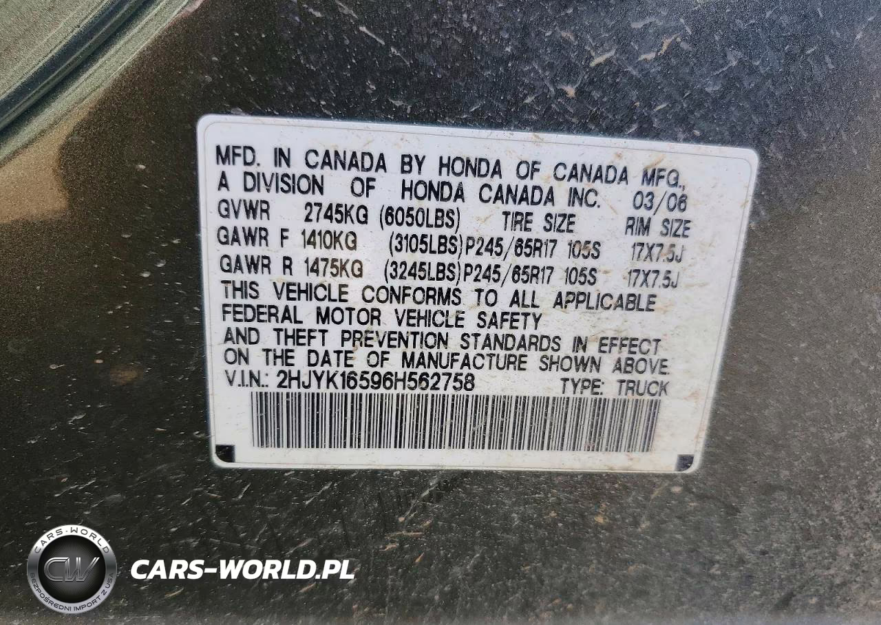 2006 Honda Ridgeline Rtl VIN:2HJYK16596H562758 - 12