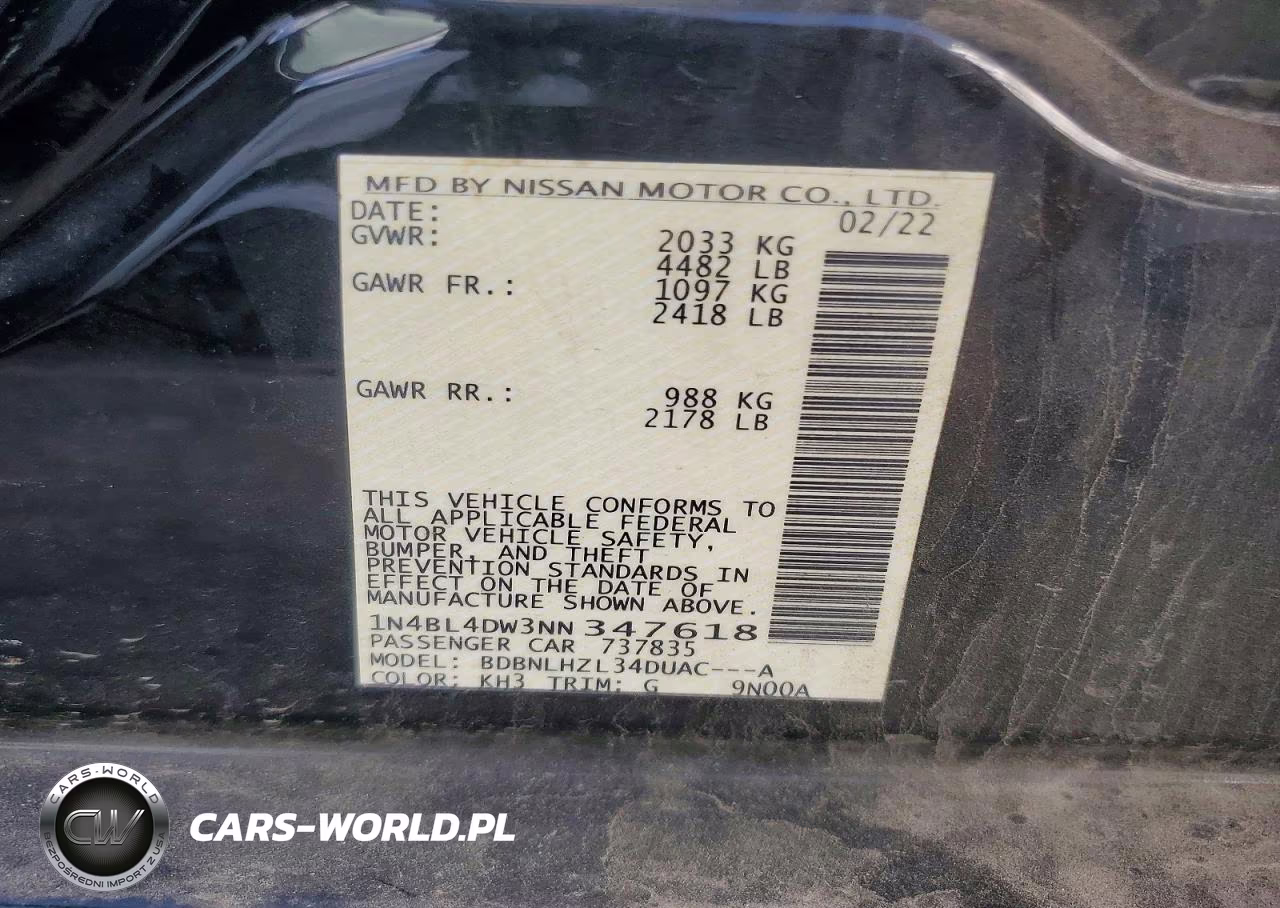 2022 Nissan Altima Sv VIN:1N4BL4DW3NN347618 - 12