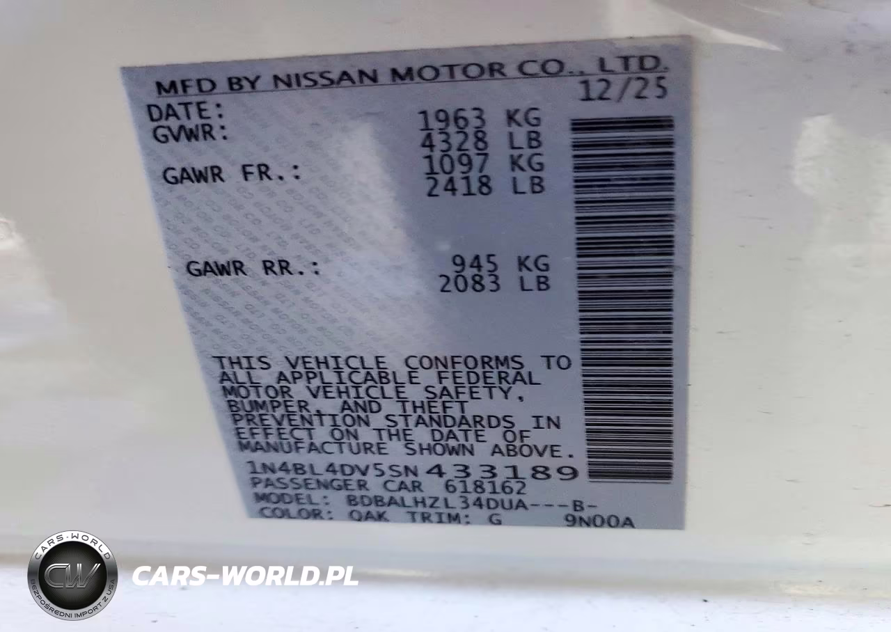 2025 Nissan Altima Sv VIN:1N4BL4DV5SN433189 - 13