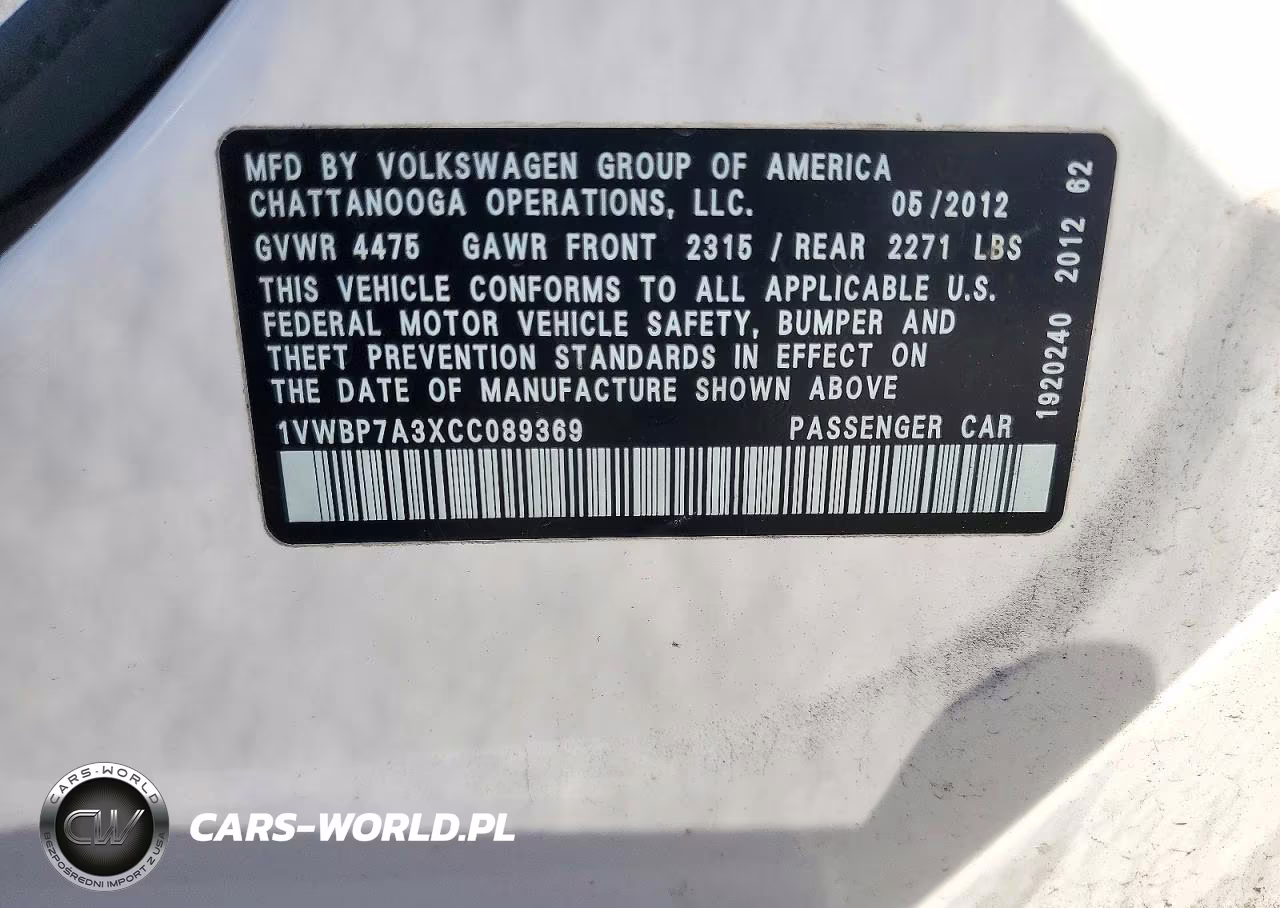 2012 Volkswagen Passat Se VIN:1VWBP7A3XCC089369 - 12