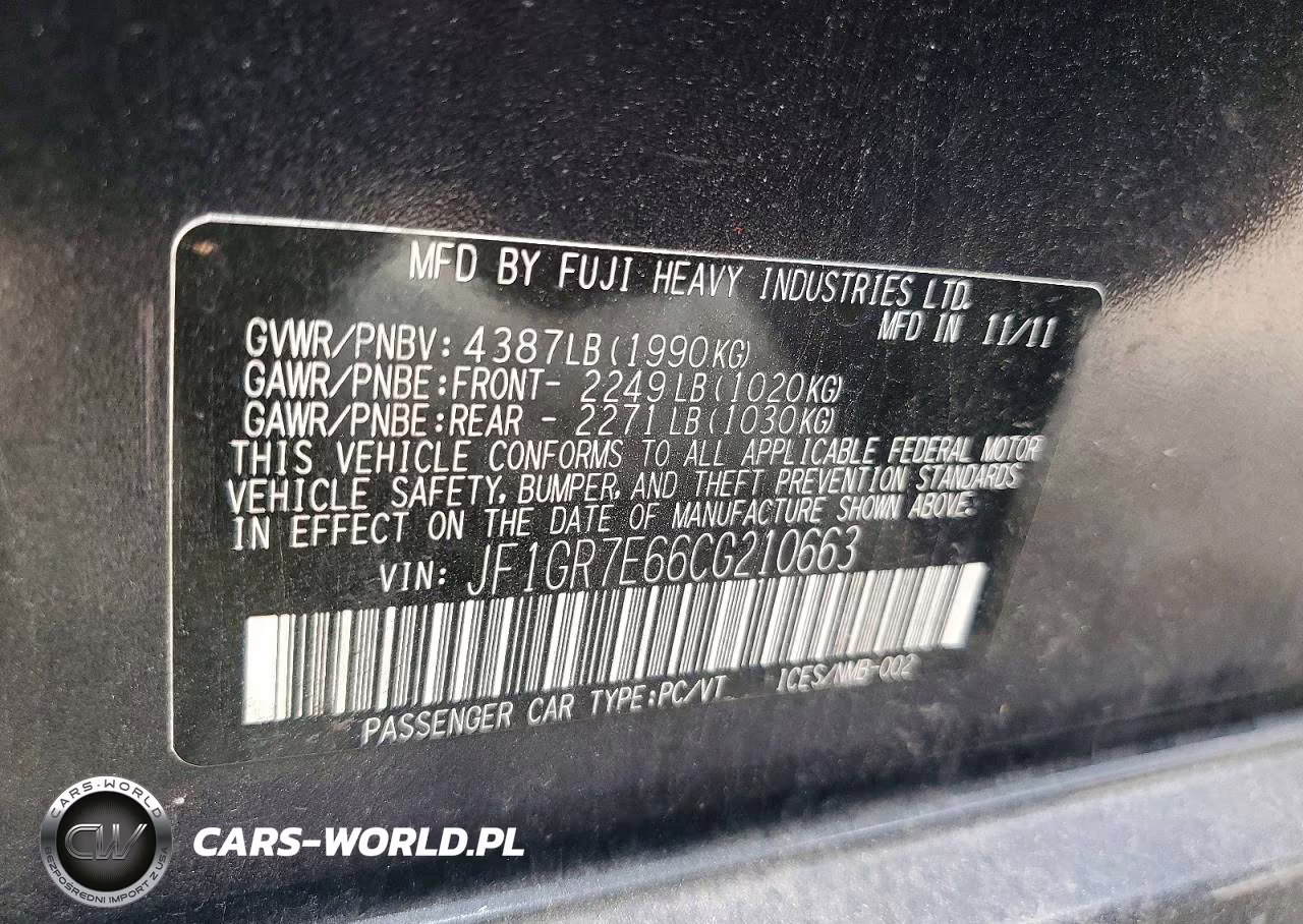2012 Subaru Imprza Wrx VIN:JF1GR7E66CG210663 - 12