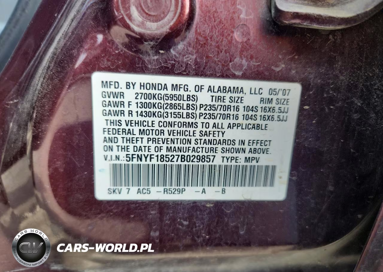 2007 Honda Pilot Exl VIN:5FNYF18527B029857 - 13