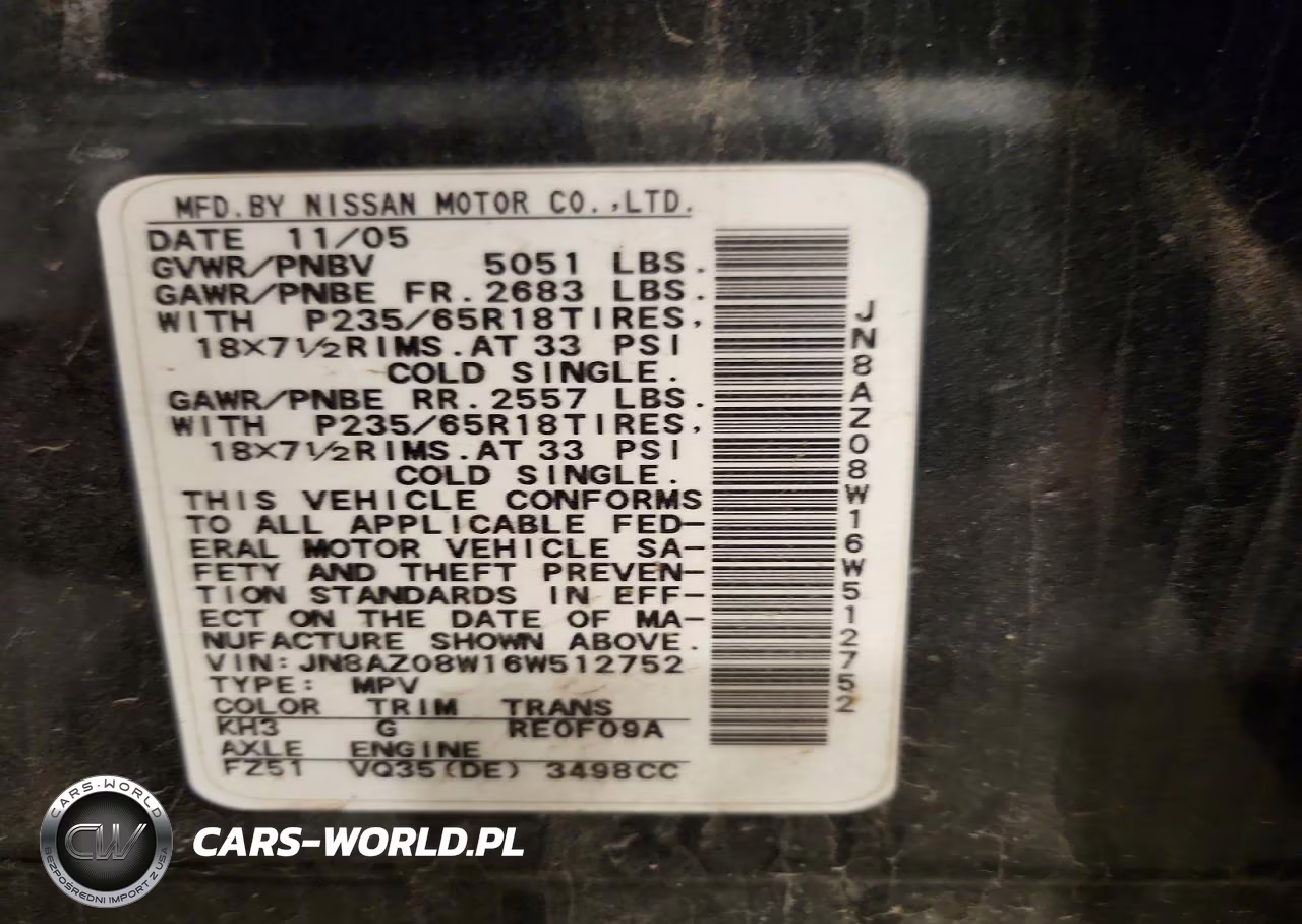 2006 Nissan Murano S VIN:JN8AZ08W16W512752 - 13