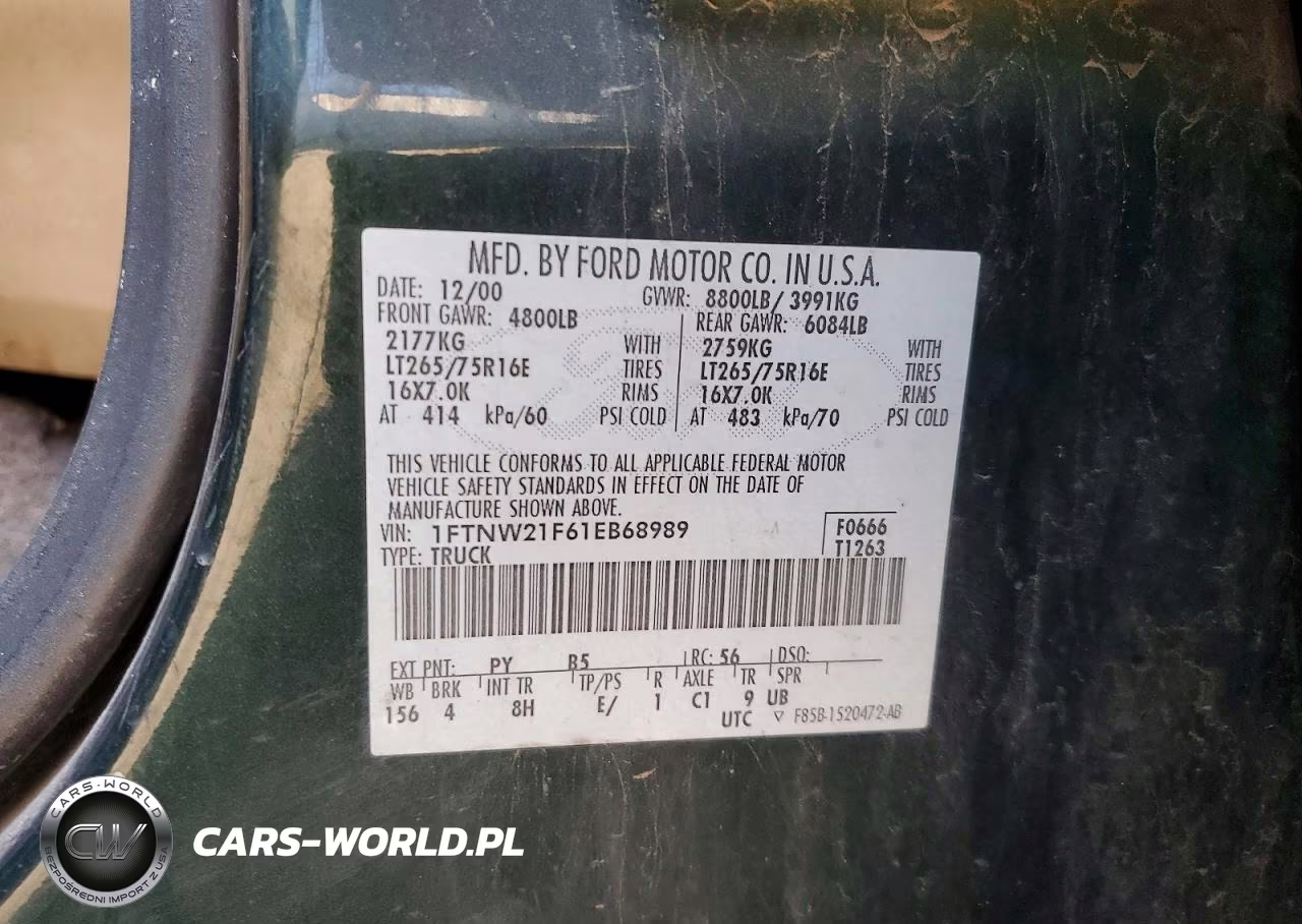 2001 Ford F250 Super Duty VIN:1FTNW21F61EB68989 - 12
