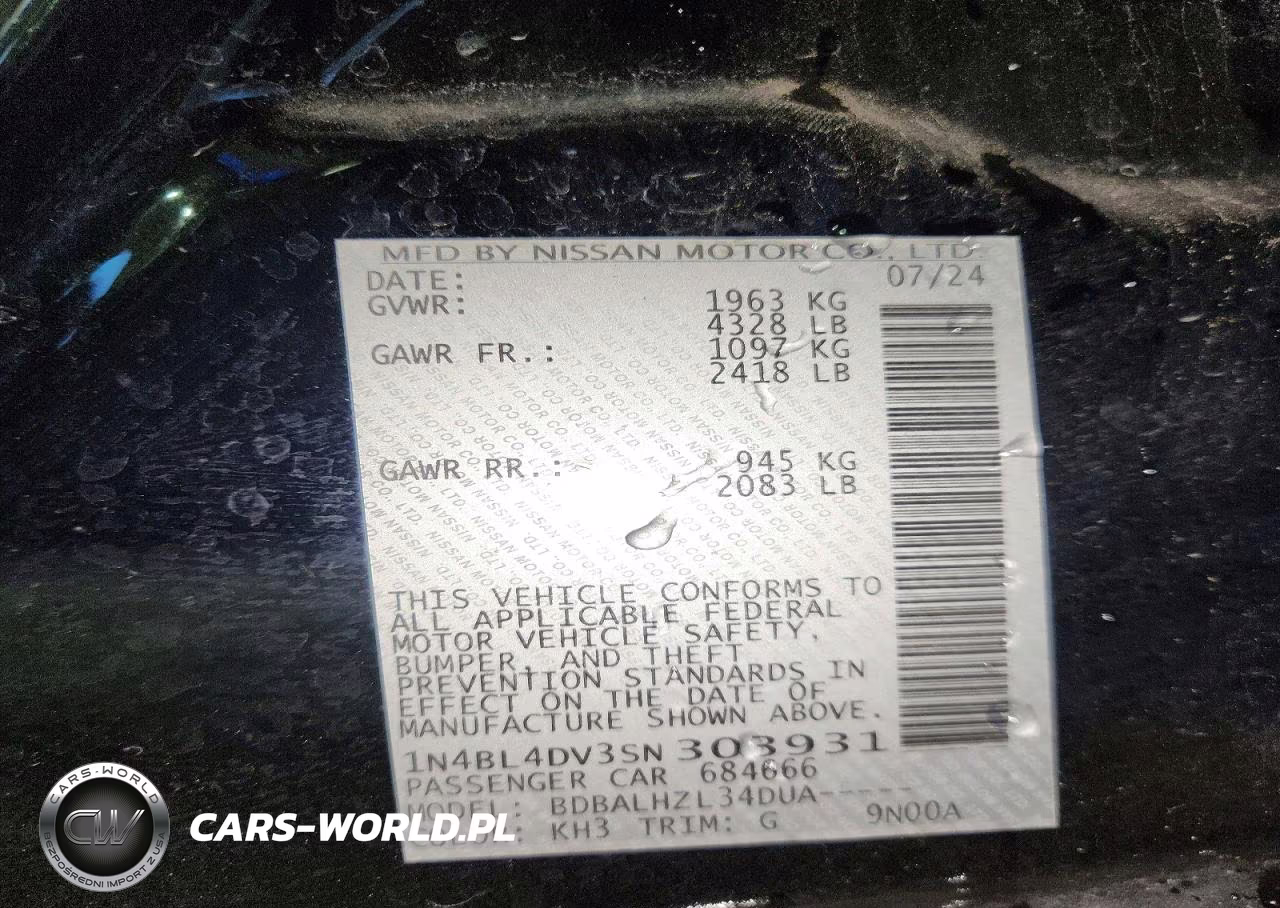 2025 Nissan Altima Sv VIN:1N4BL4DV3SN303931 - 12