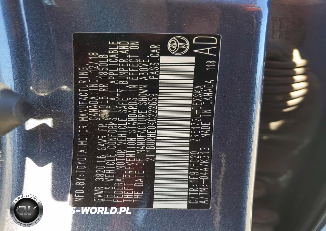 2019 Toyota Corolla Se VIN:2T1BURHE0KC222659 - 12