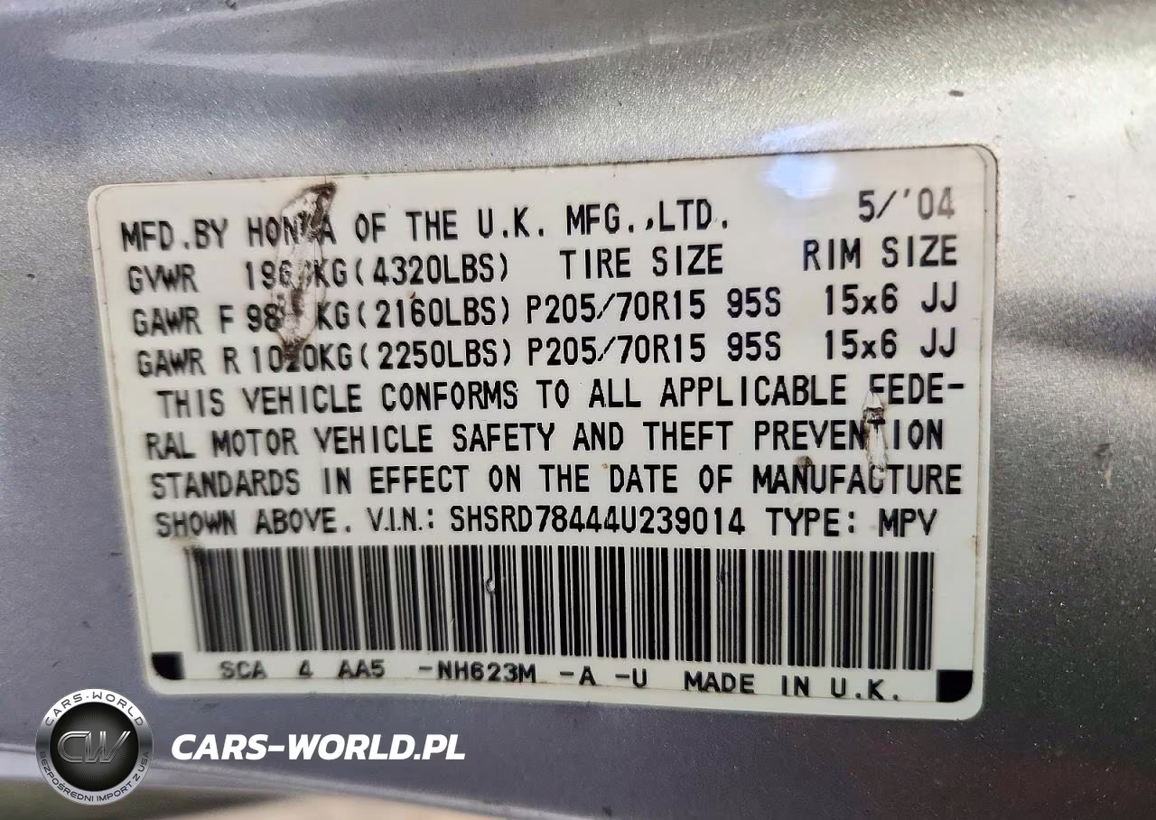 2004 Honda Cr-V Lx VIN:SHSRD78444U239014 - 13