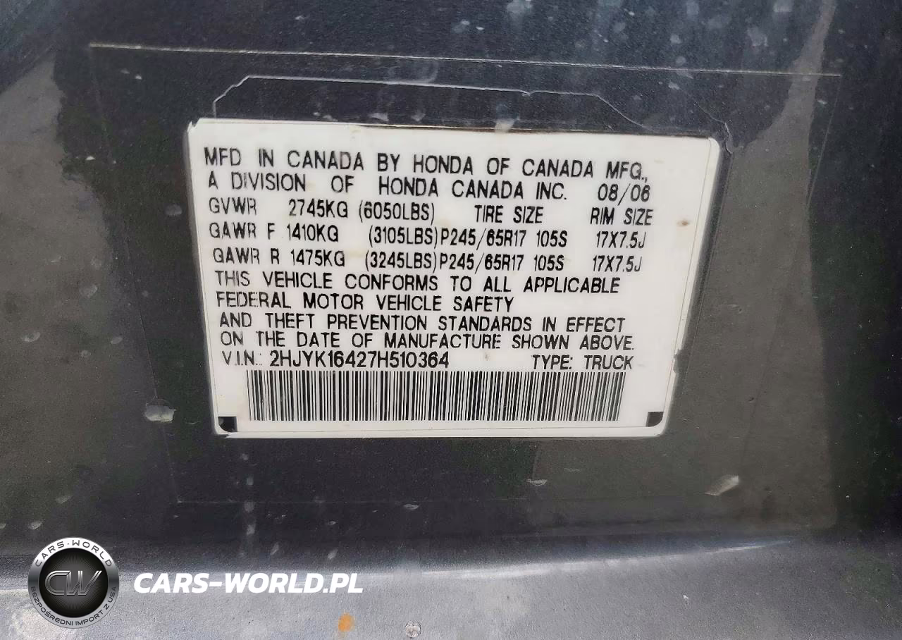 2007 Honda Ridgeline Rts VIN:2HJYK16427H510364 - 12