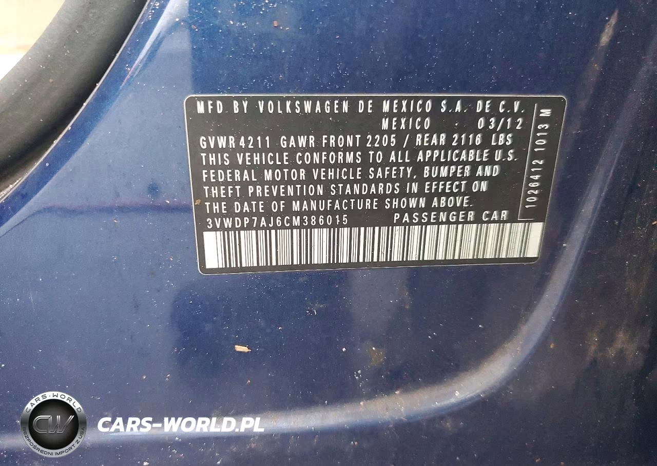 2012 Volkswagen Jetta Se VIN:3VWDP7AJ6CM386015 - 12