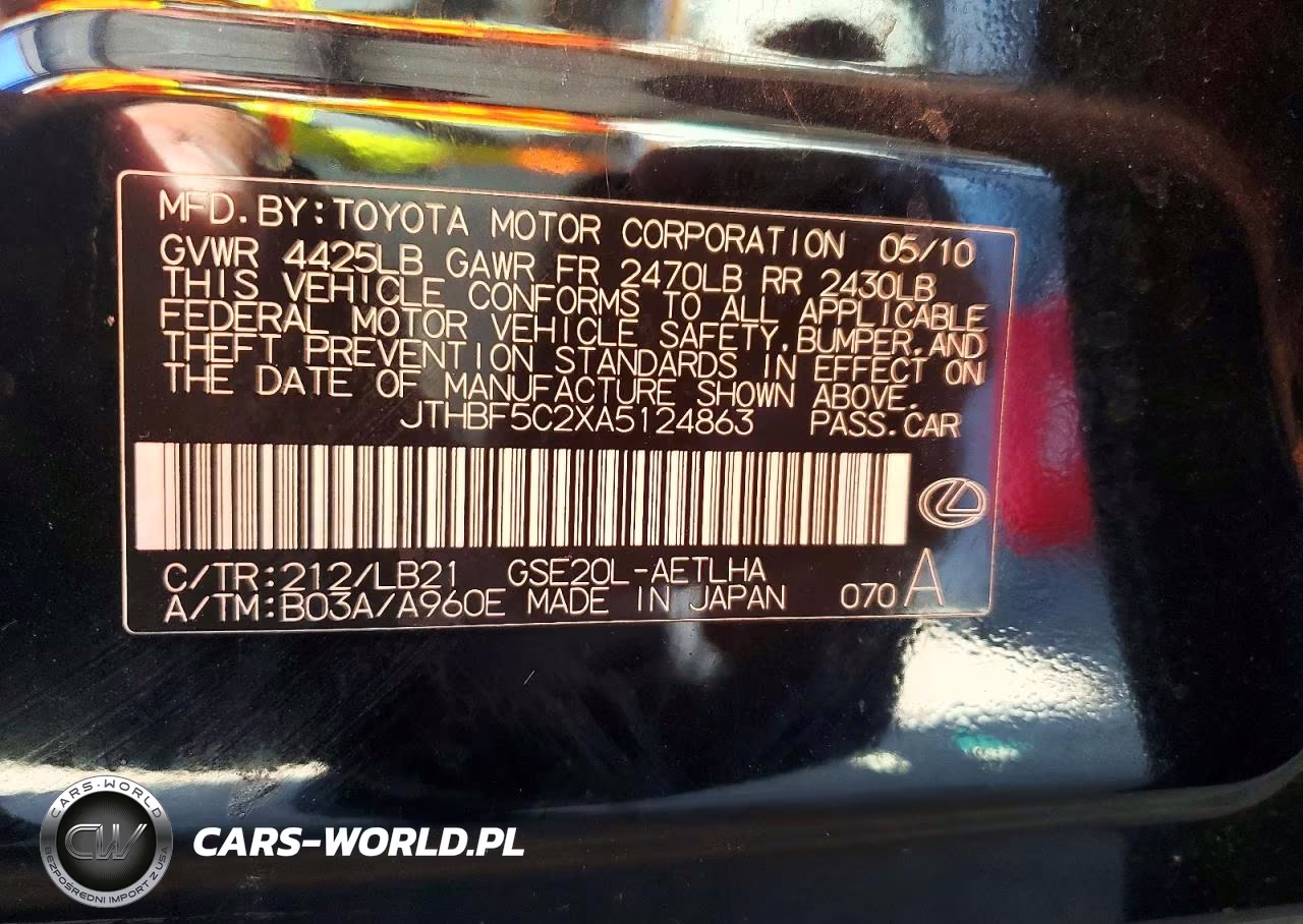 2010 Lexus Is 250 Base VIN:JTHBF5C2XA5124863 - 12
