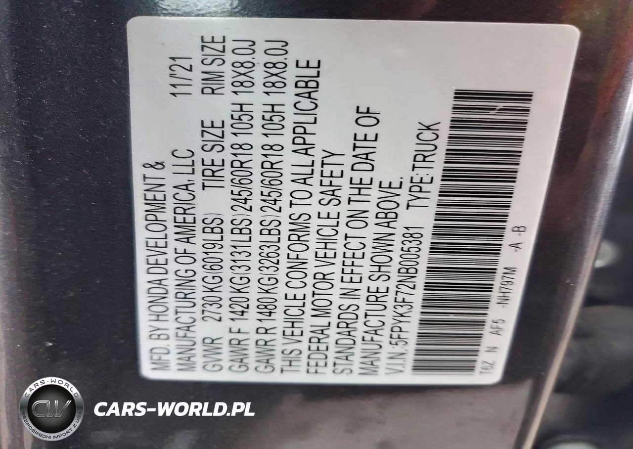 2022 Honda Ridgeline Rtl VIN:5FPYK3F72NB005381 - 12