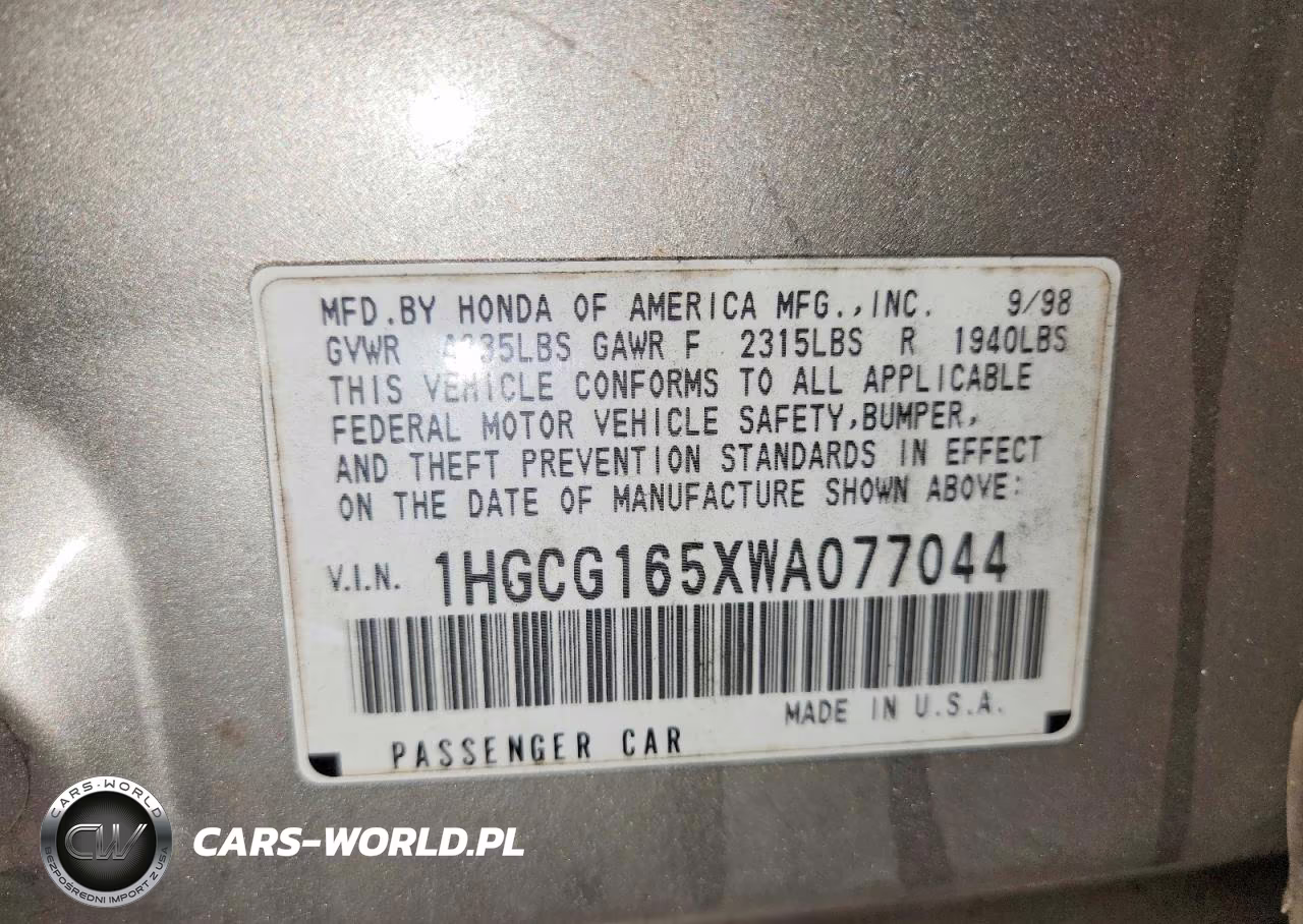 1998 Honda Accord Ex VIN:1HGCG165XWA077044 - 12