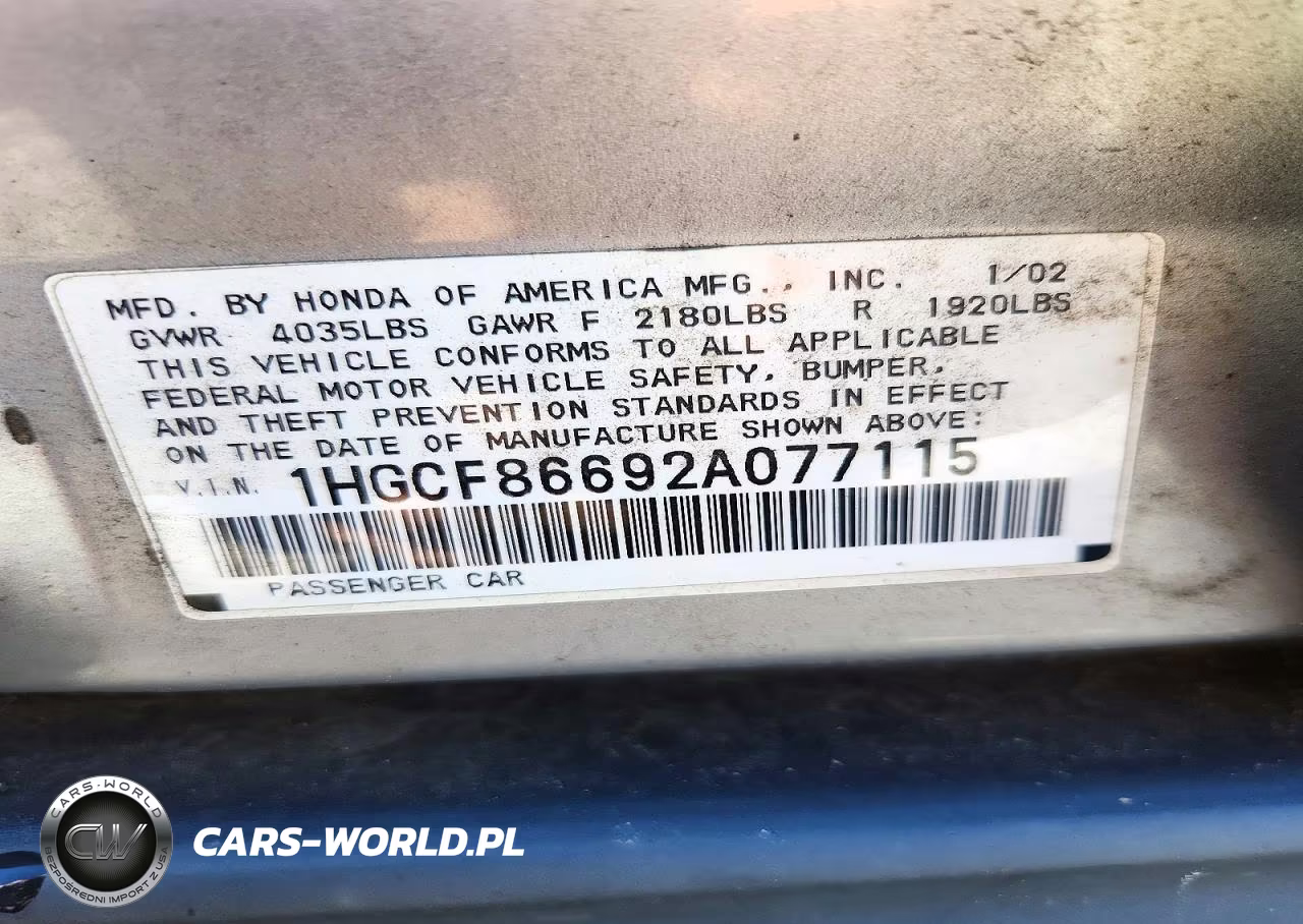 2002 Honda Accord Value VIN:1HGCF86692A077115 - 12