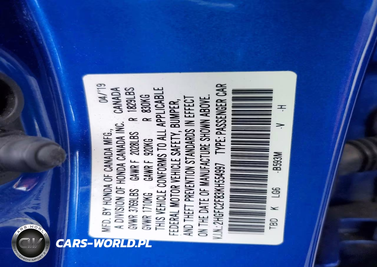 2019 Honda Civic Sport VIN:2HGFC2F83KH554997 - 12