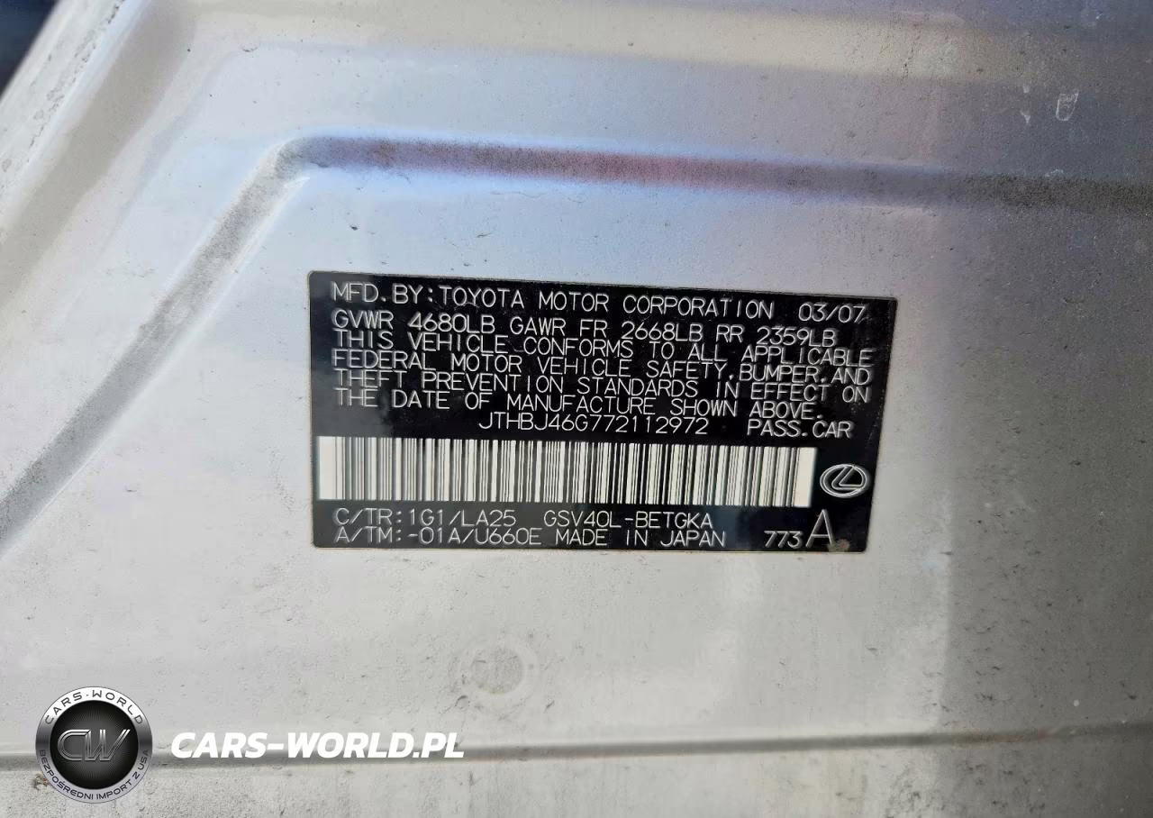 2007 Lexus Es 350 VIN:JTHBJ46G772112972 - 13