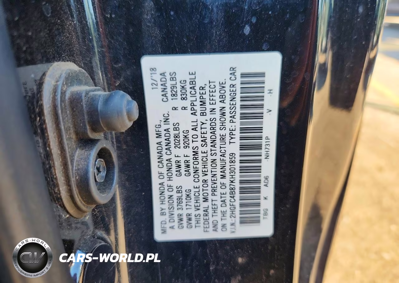 2019 Honda Civic Sport VIN:2HGFC4B87KH301859 - 12