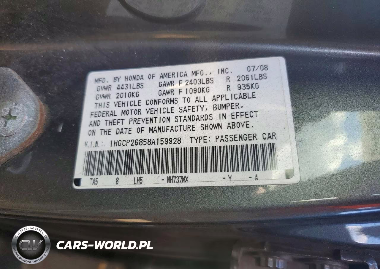 2008 Honda Accord Exl VIN:1HGCP26858A159928 - 12