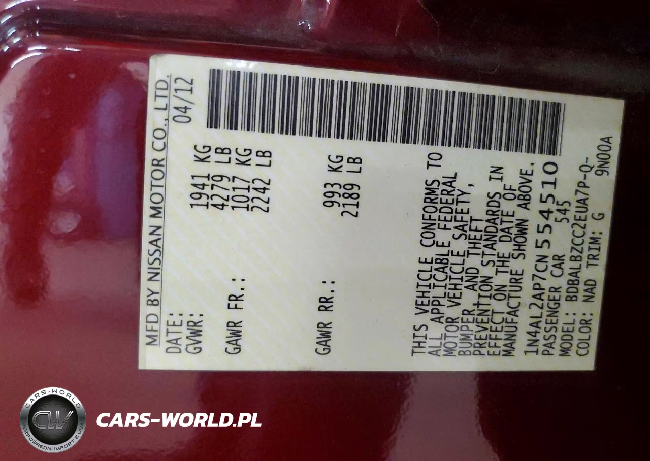2012 Nissan Altima 2.5 VIN:1N4AL2AP7CN554510 - 12