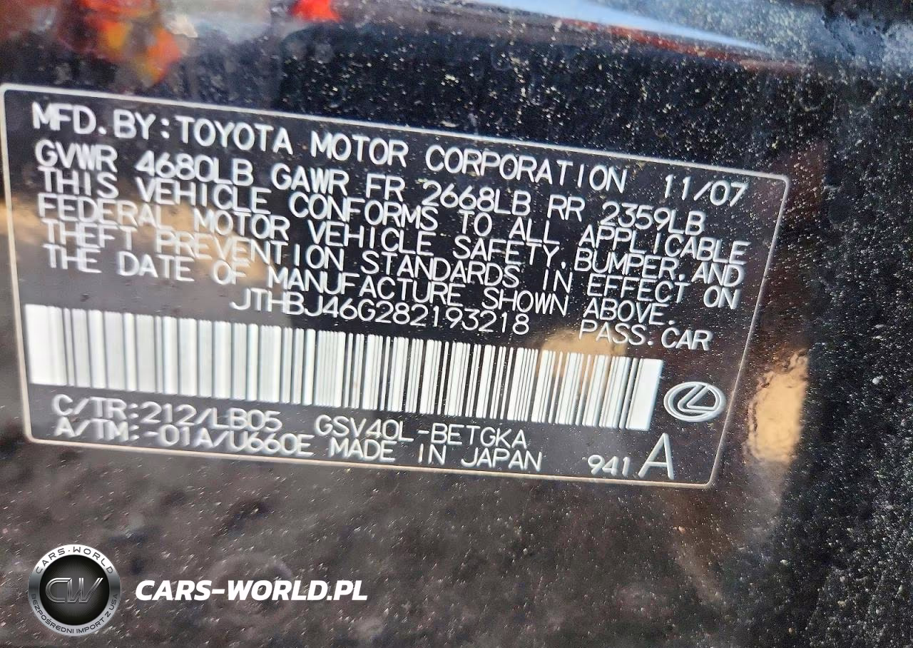 2008 Lexus Es 350 VIN:JTHBJ46G282193218 - 12