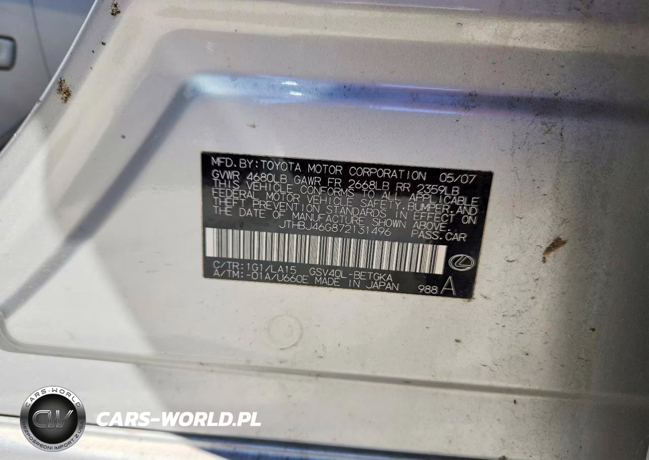 2007 Lexus Es 350 VIN:JTHBJ46G872131496 - 12