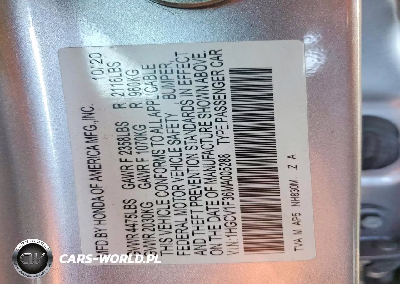 2021 Honda Accord Sport VIN:1HGCV1F36MA005288 - 12