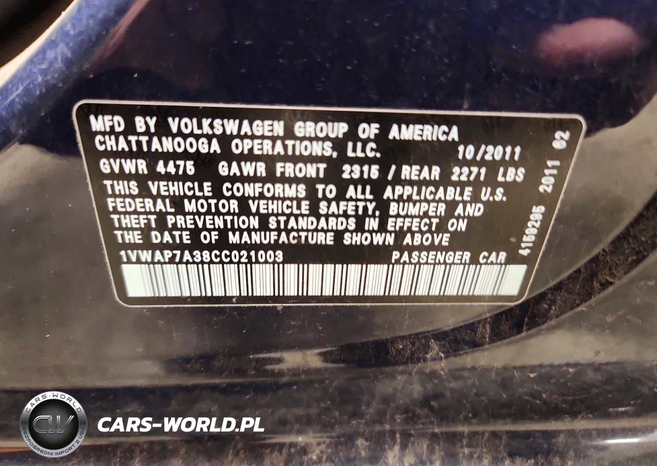 2012 Volkswagen Passat S VIN:1VWAP7A38CC021003 - 12
